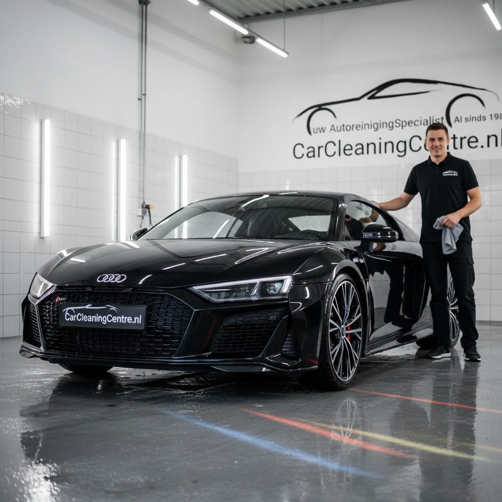 Medewerker van Car Cleaning Centre droogt een zwarte Audi R8 af in de werkplaats in Heemskerk