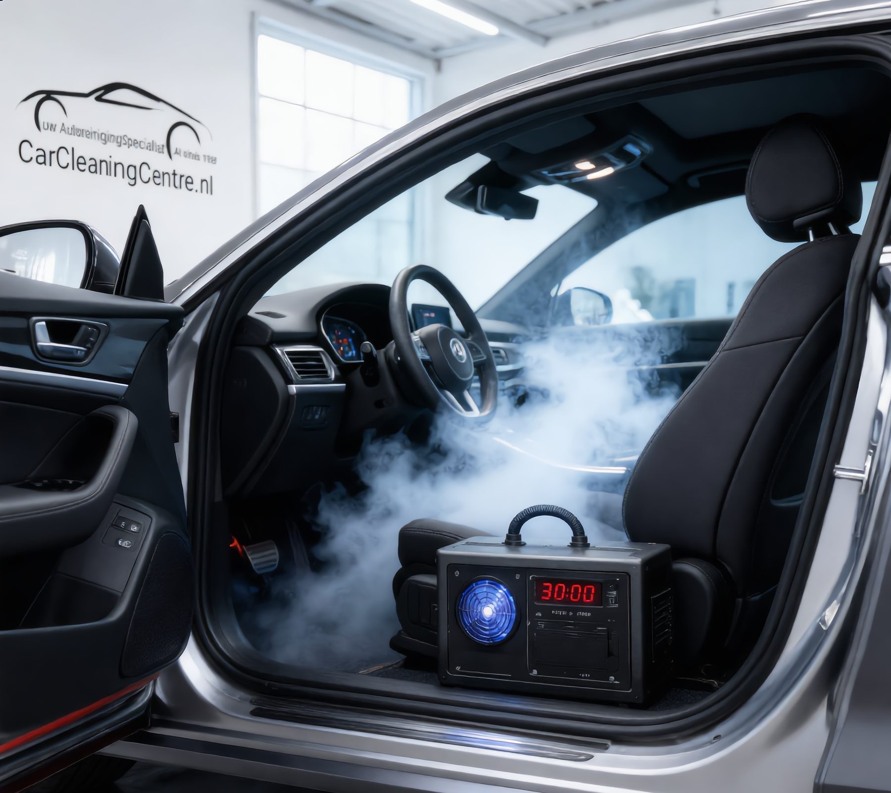 Ozongenerator op de bestuurdersstoel van een auto tijdens een geurbehandeling