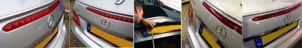 Vijf opnamen van een uitdeukreparatie aan de achterklep van een zilvergrijze Mercedes, van beoordeling tot het herstelde paneel
